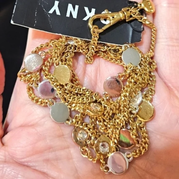 DKNY Tri Tone Crystal & Logo Disc 42" Statement Necklace - Picture 7 of 10